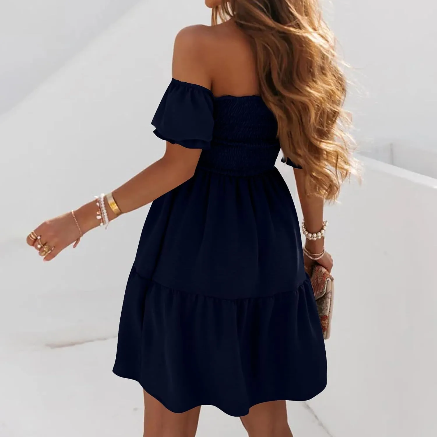 Casual Summer Dresses for Women, Off Shoulder Ruffle Hem Knee Length Swing Dress Flowy Short Sleeve Mini Dresses