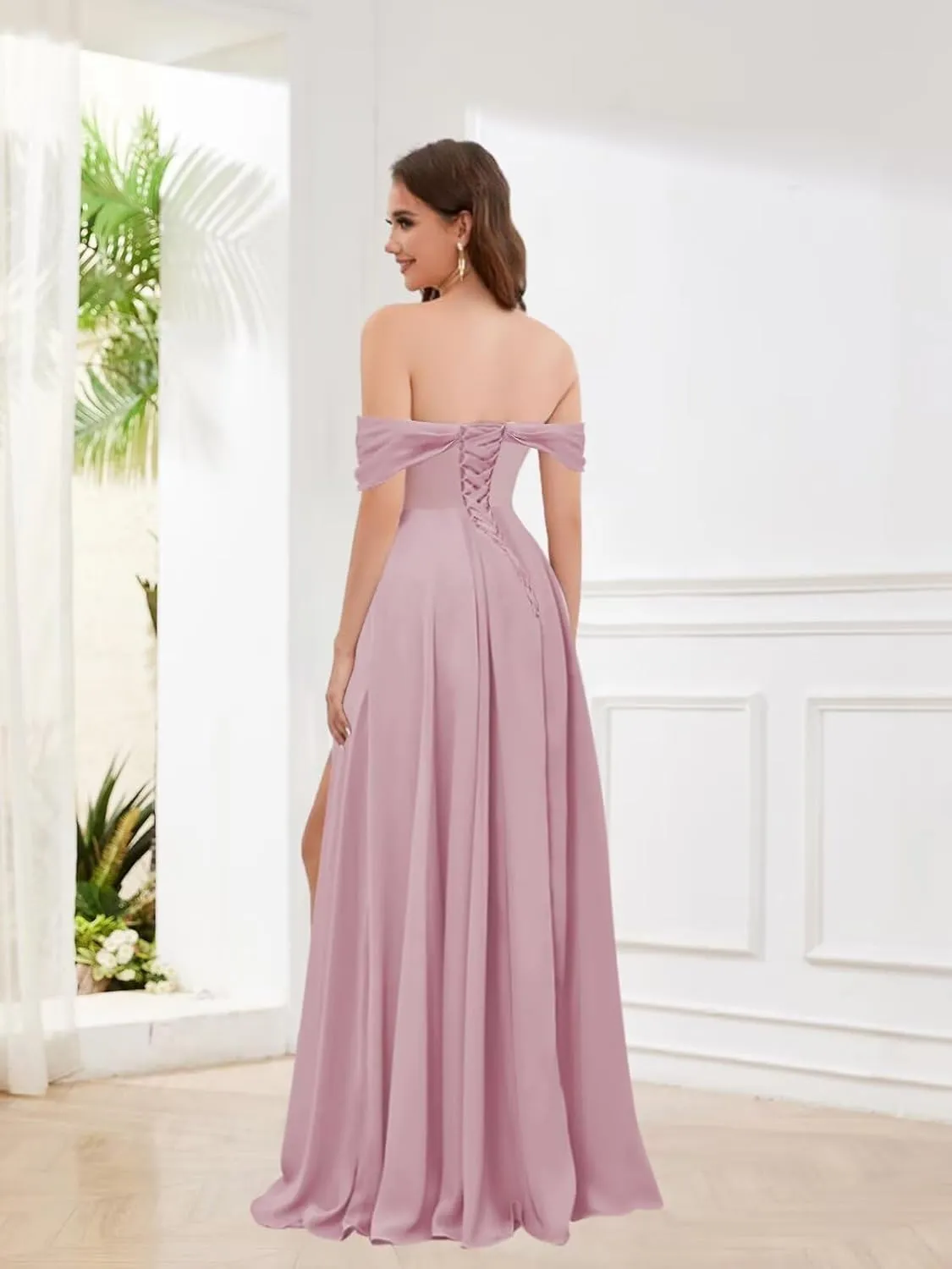 Chiffon Bridesmaid Dresses for Women Long Off The Shoulder Ruffle Ruched Formal Evening Gown with Slit
