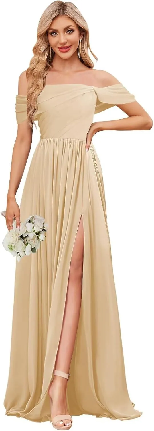 Chiffon Bridesmaid Dresses for Women Long Off The Shoulder Ruffle Ruched Formal Evening Gown with Slit