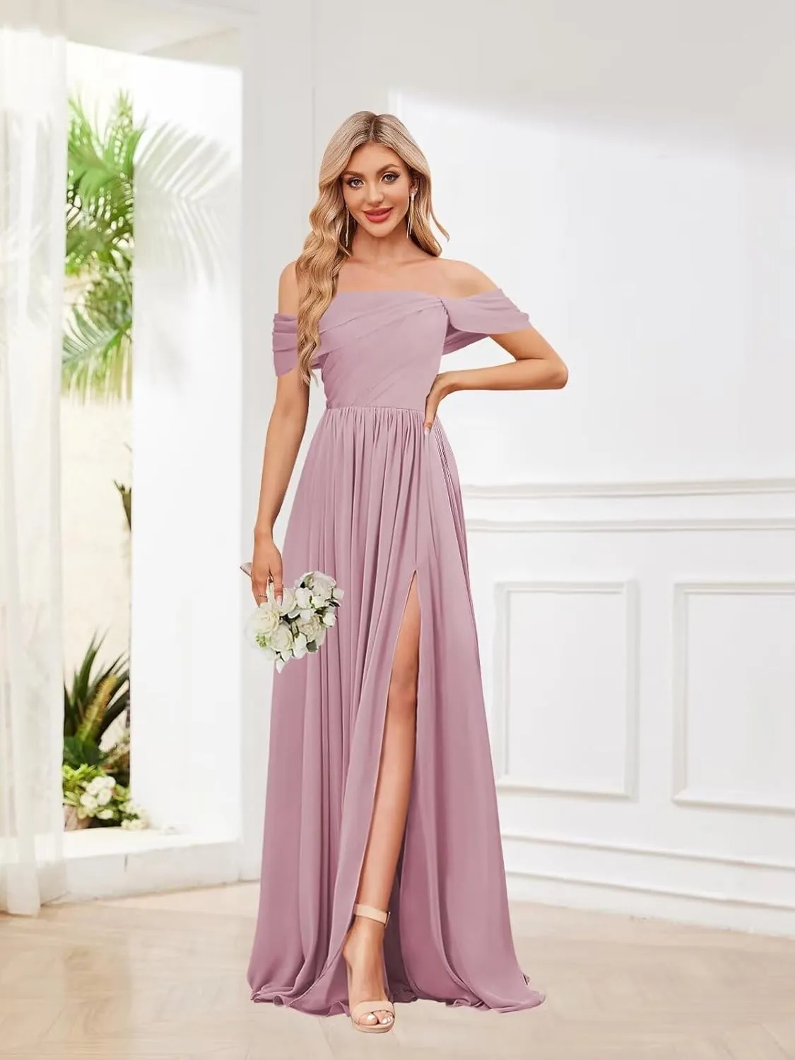 Chiffon Bridesmaid Dresses for Women Long Off The Shoulder Ruffle Ruched Formal Evening Gown with Slit