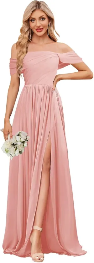 Chiffon Bridesmaid Dresses for Women Long Off The Shoulder Ruffle Ruched Formal Evening Gown with Slit
