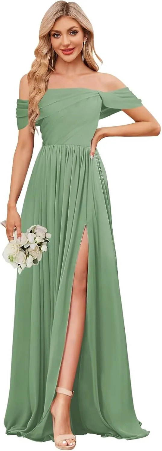 Chiffon Bridesmaid Dresses for Women Long Off The Shoulder Ruffle Ruched Formal Evening Gown with Slit