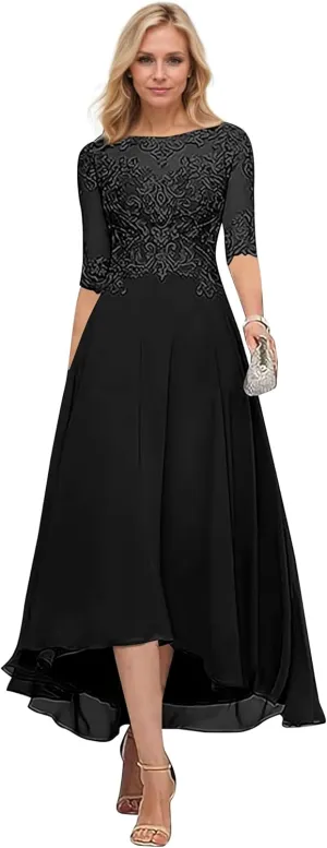 Chiffon Mother of The Bride Dresses 2025 High Low Lace Tea Length Formal Evening Gown with Pockets