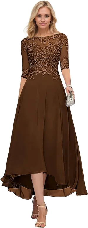 Chiffon Mother of The Bride Dresses 2025 High Low Lace Tea Length Formal Evening Gown with Pockets