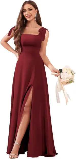 Chiffon Square Neck Bridesmaid Dresses Long for Women Tie Strap A Line Formal Evening Dress with Slit
