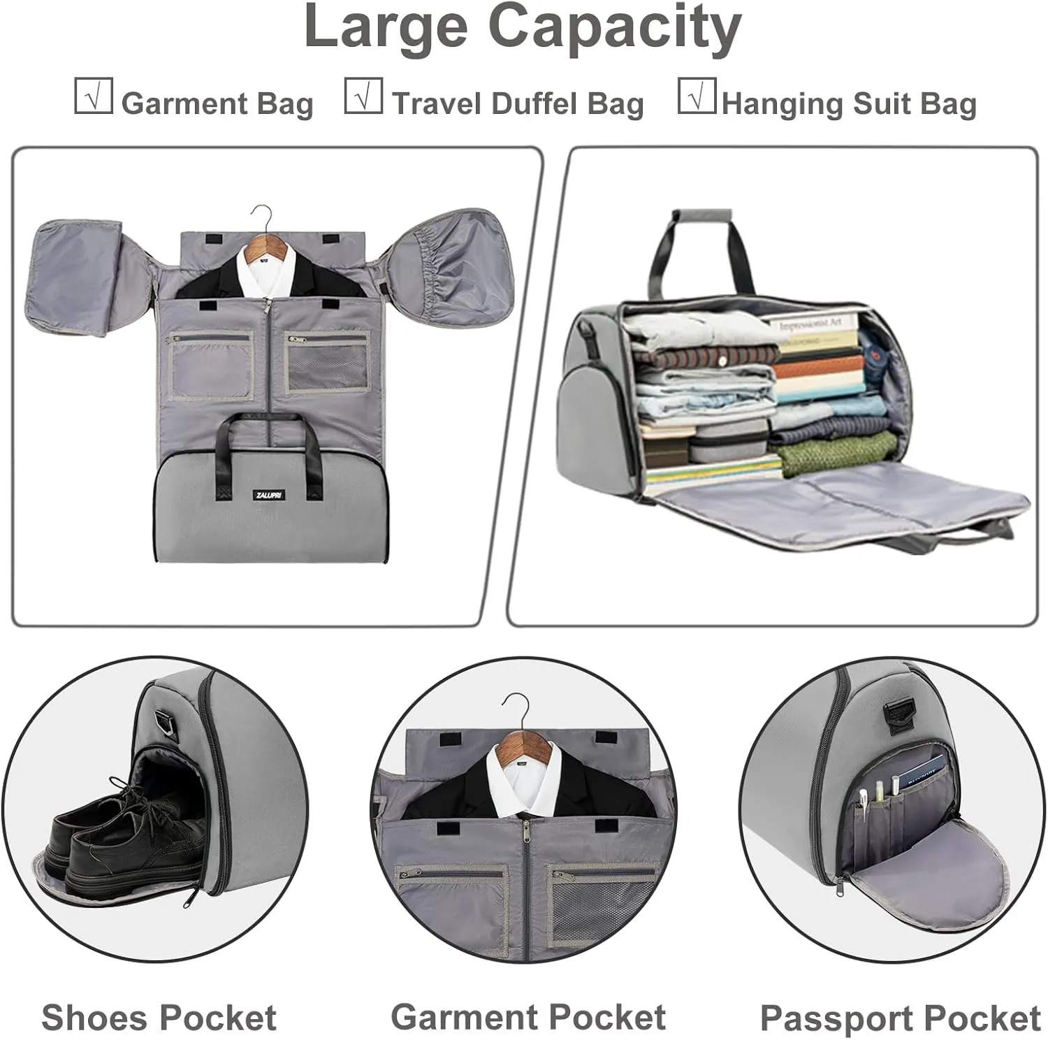Convertible Garment Duffel Bag with Shoe Compartment,ZALUPRI Carry on Garment Bag for Men Women 2 in 1 Hanging Suitcase Suit Weekend Travel Bag, Grey