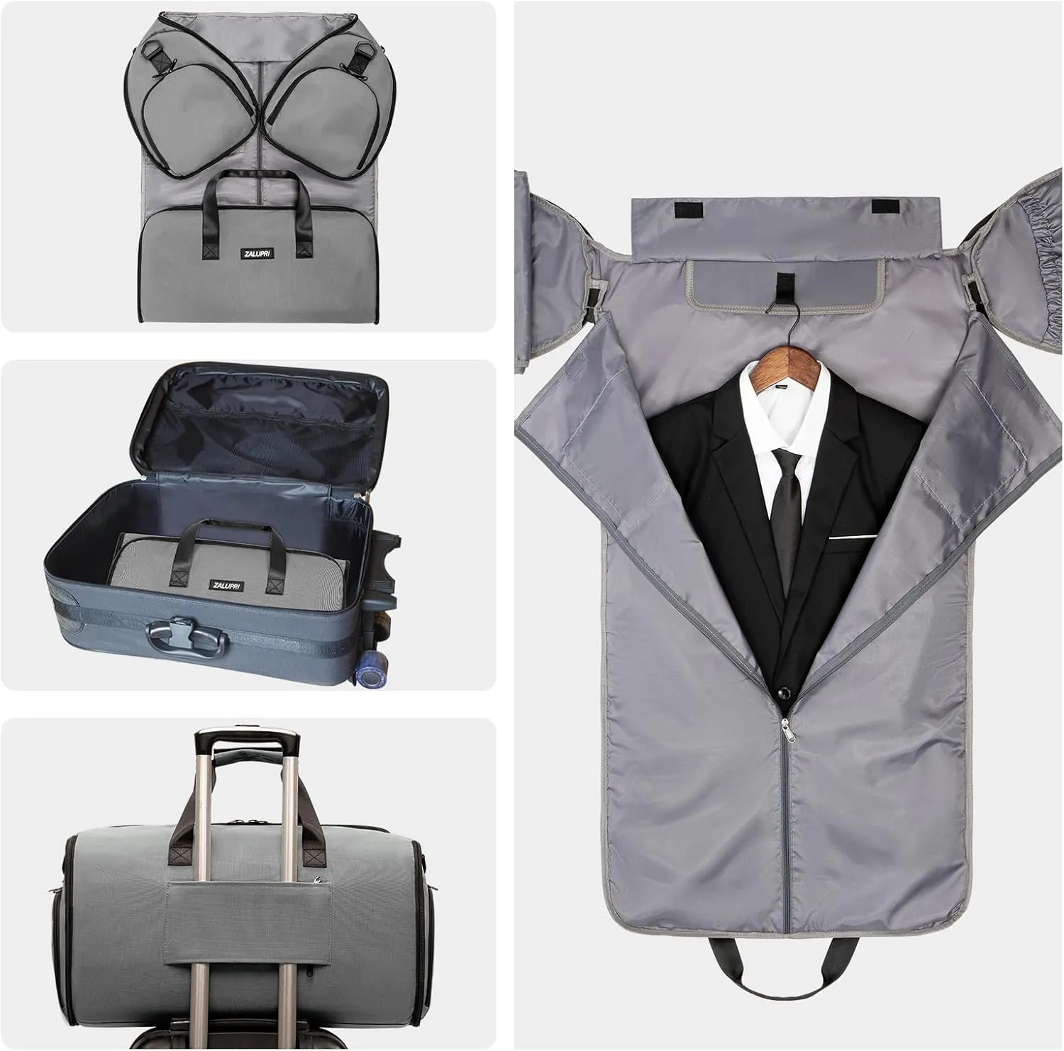 Convertible Garment Duffel Bag with Shoe Compartment,ZALUPRI Carry on Garment Bag for Men Women 2 in 1 Hanging Suitcase Suit Weekend Travel Bag, Grey