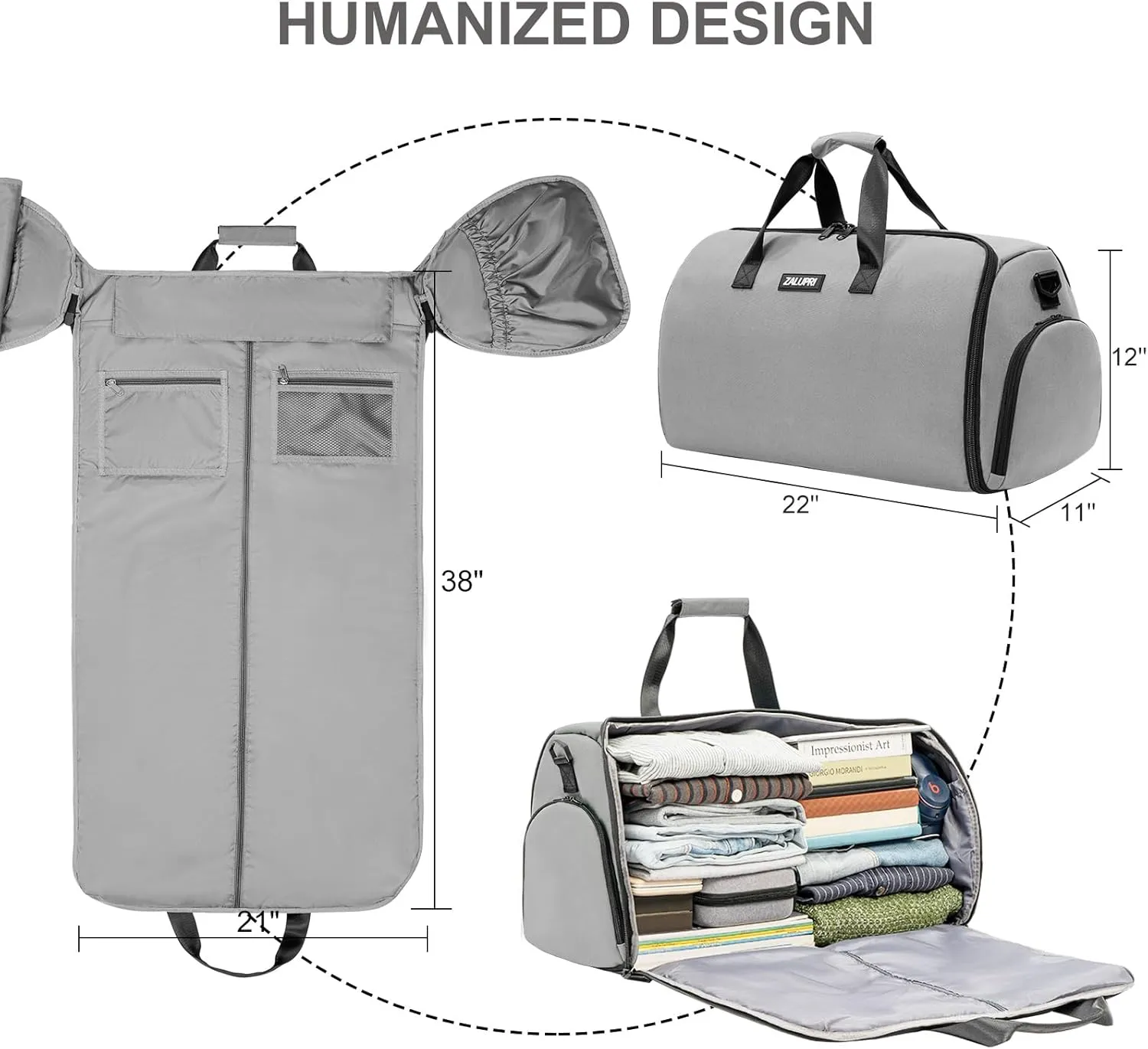 Convertible Garment Duffel Bag with Shoe Compartment,ZALUPRI Carry on Garment Bag for Men Women 2 in 1 Hanging Suitcase Suit Weekend Travel Bag, Grey