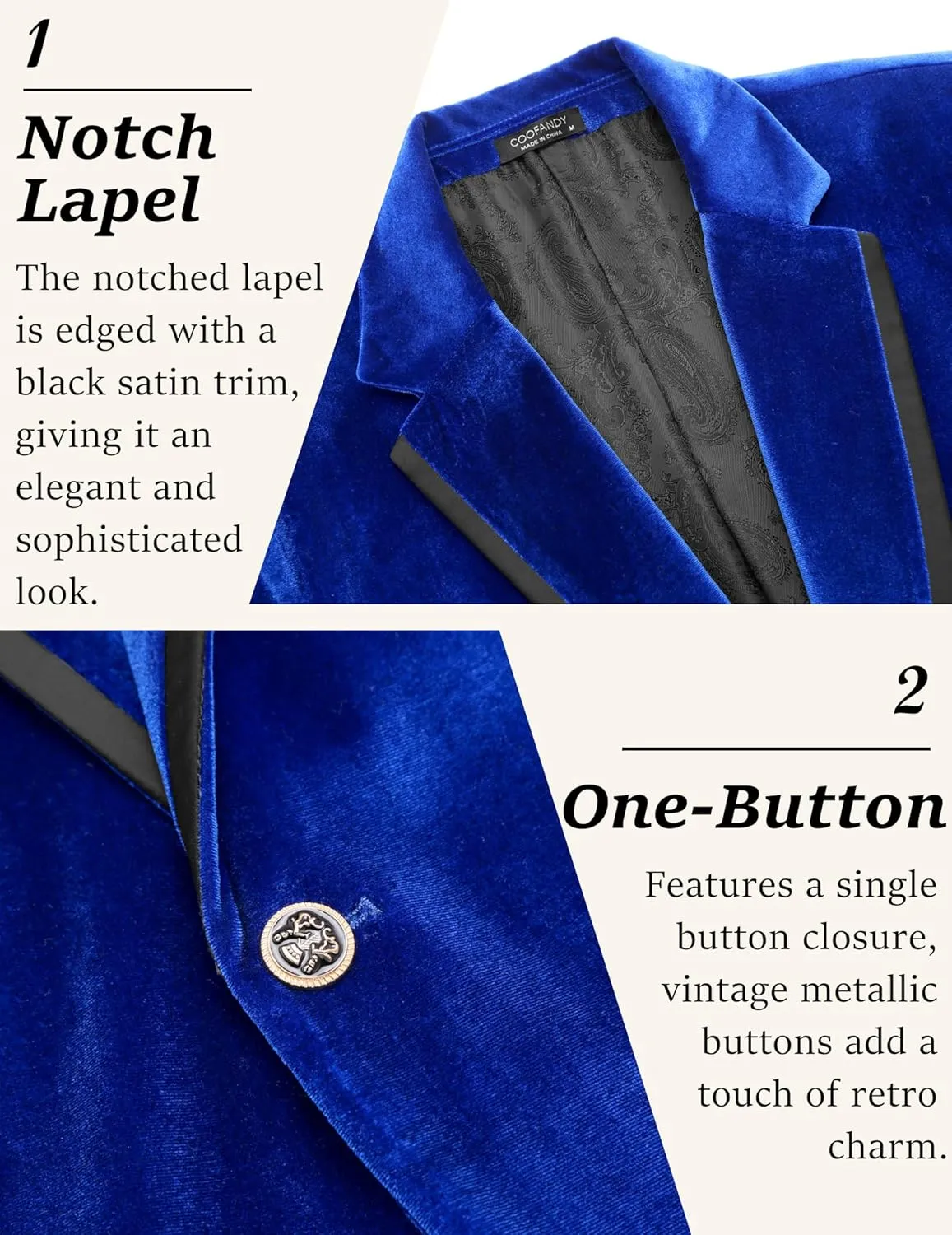 COOFANDY Men's Velvet Blazer Notched Lapel One Button Velour Tuxedo Jacket for Prom Wedding Party Dinner