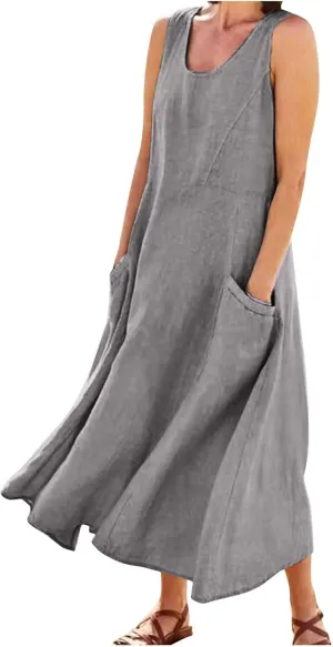 Cotton Linen Dresses for Women,Maxi Sleeveless Dresses Summer Casual Print Cotton Linen Sundress with Pockets (S-3XL)