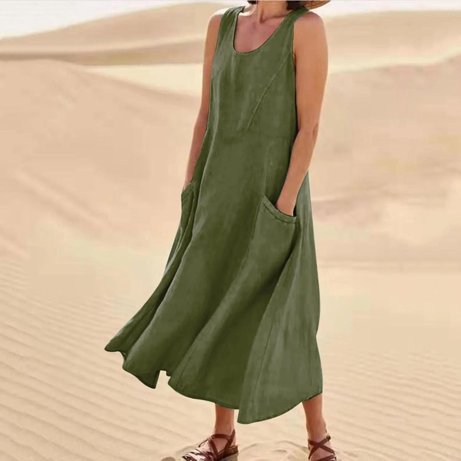 Cotton Linen Maxi Dress for Women 2025 Summer Boho Casual Beach Dresses Sleeveless Solid Long Dress Vacation Outfits