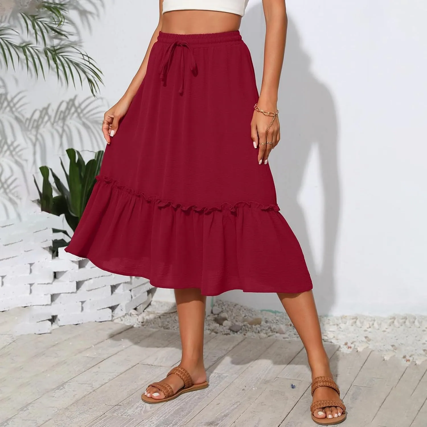 Cotton Tiered Midi Skirts for Women with Pockets 2025 Casual High Elastic Waisted Summer Skirts Flowy Tie Beach Skirt