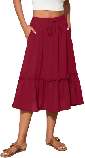 Cotton Tiered Midi Skirts for Women with Pockets 2025 Casual High Elastic Waisted Summer Skirts Flowy Tie Beach Skirt
