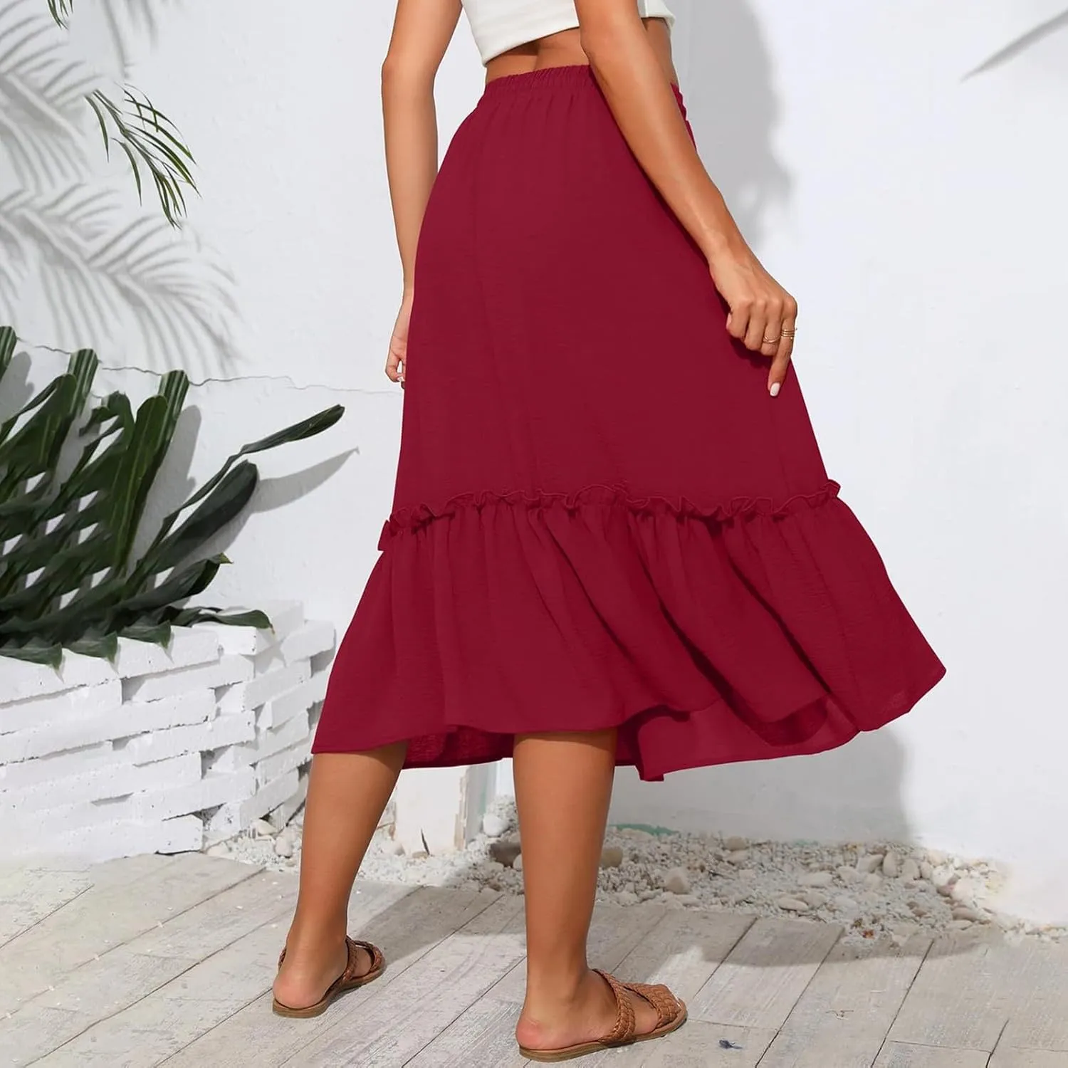 Cotton Tiered Midi Skirts for Women with Pockets 2025 Casual High Elastic Waisted Summer Skirts Flowy Tie Beach Skirt