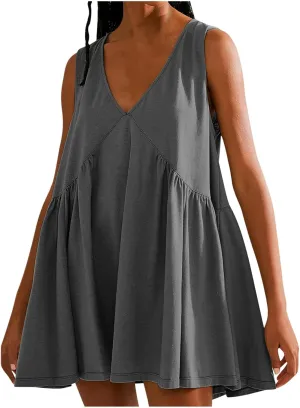 Cute Babydoll Dresses for Women 2024 Fashion Sleeveless Summer Mini Dress Casual Loose Ruffle Flowy Beach Sundress