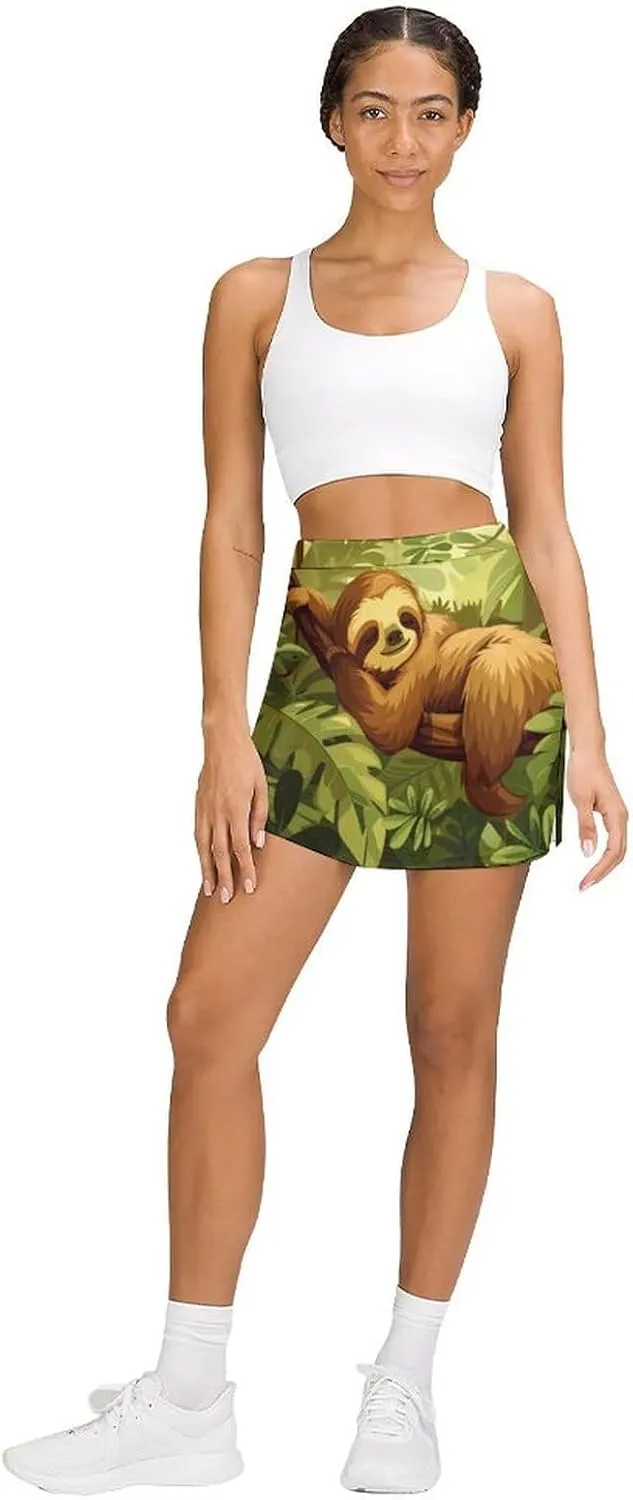 Cute Sloth in Tree Women's Skort Athletic Skirt Golf Skorts A-line Skirts with Built-in Shorts Pockets