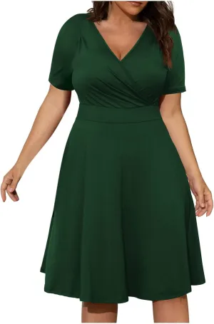 DDAPJ pyju Women's Plus Size Summer Dresses Wrap V Neck Short Sleeve Midi Dress Solid Color Loose Flowy Dress with Pockets