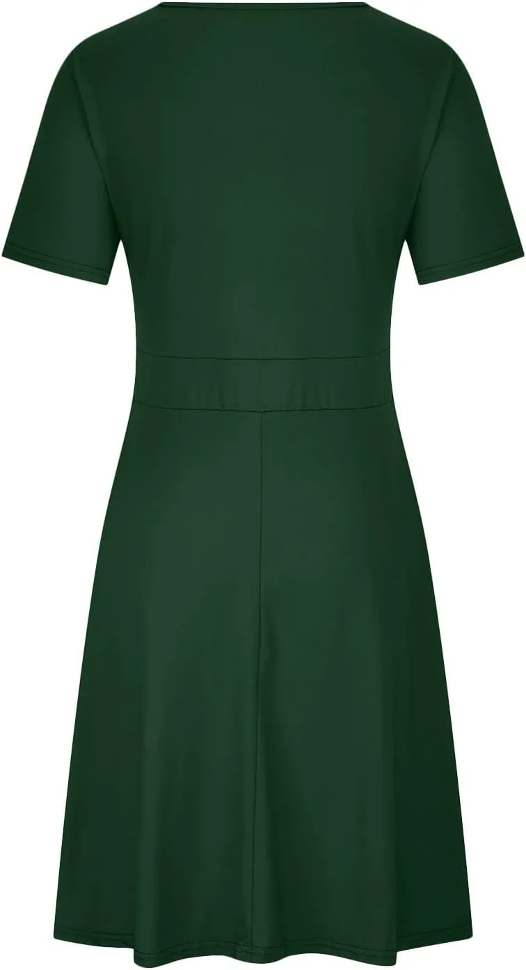 DDAPJ pyju Women's Plus Size Summer Dresses Wrap V Neck Short Sleeve Midi Dress Solid Color Loose Flowy Dress with Pockets