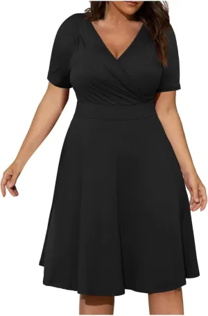 DDAPJ pyju Women's Plus Size Summer Dresses Wrap V Neck Short Sleeve Midi Dress Solid Color Loose Flowy Dress with Pockets