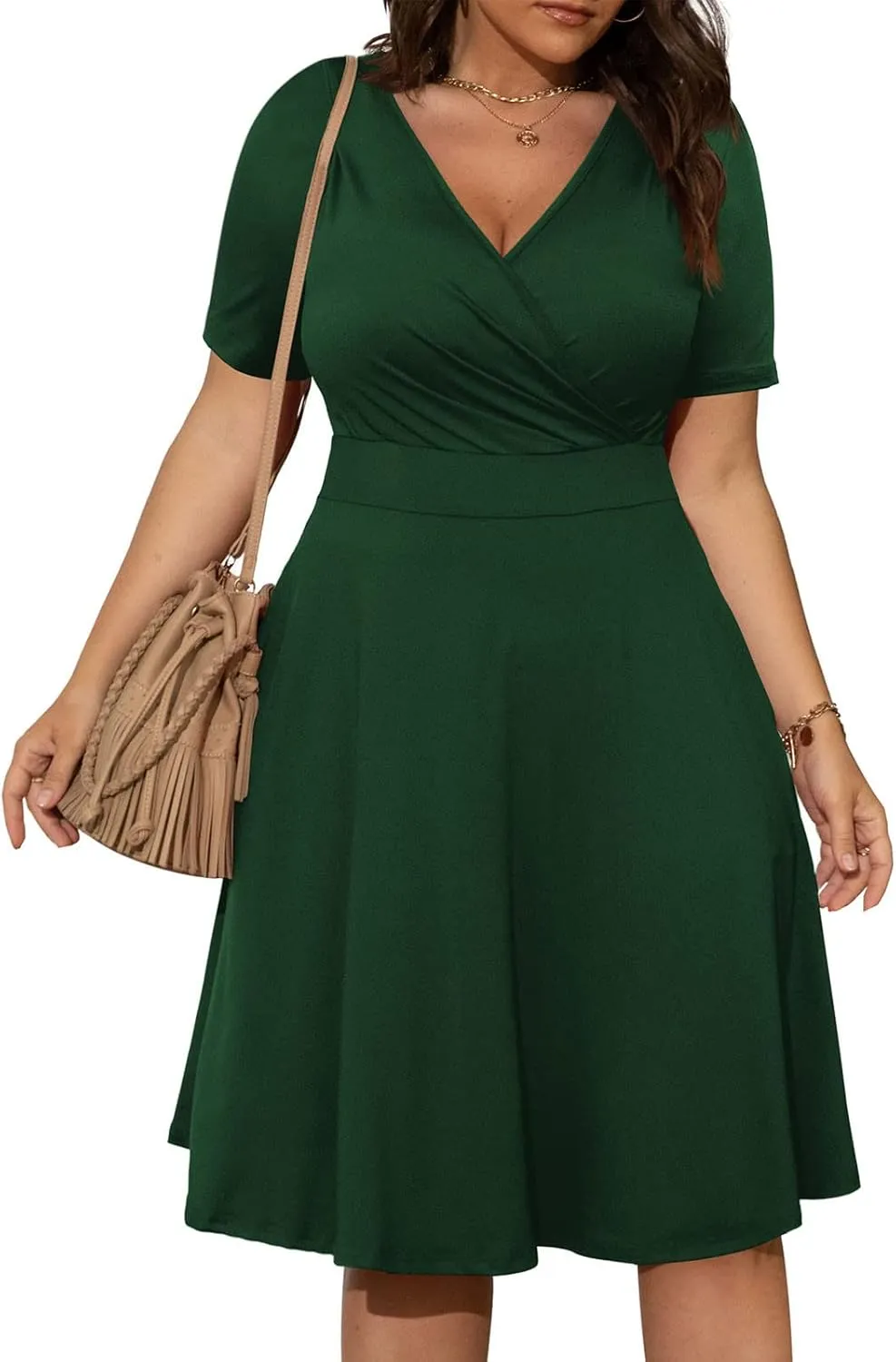 DDAPJ pyju Women's Plus Size Summer Dresses Wrap V Neck Short Sleeve Midi Dress Solid Color Loose Flowy Dress with Pockets