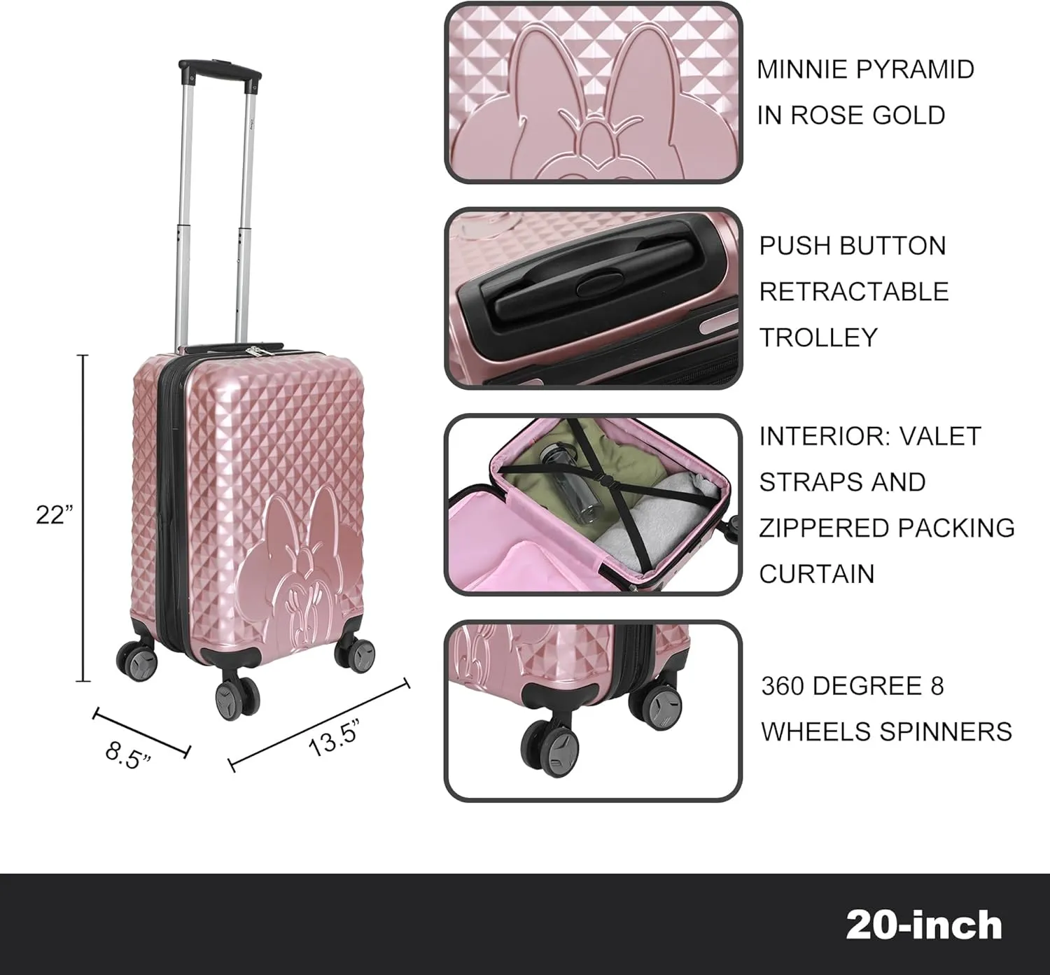 Disney Minnie Mouse Rose Gold 20" Carry-On Luggage With Wheels And Retractable Handle