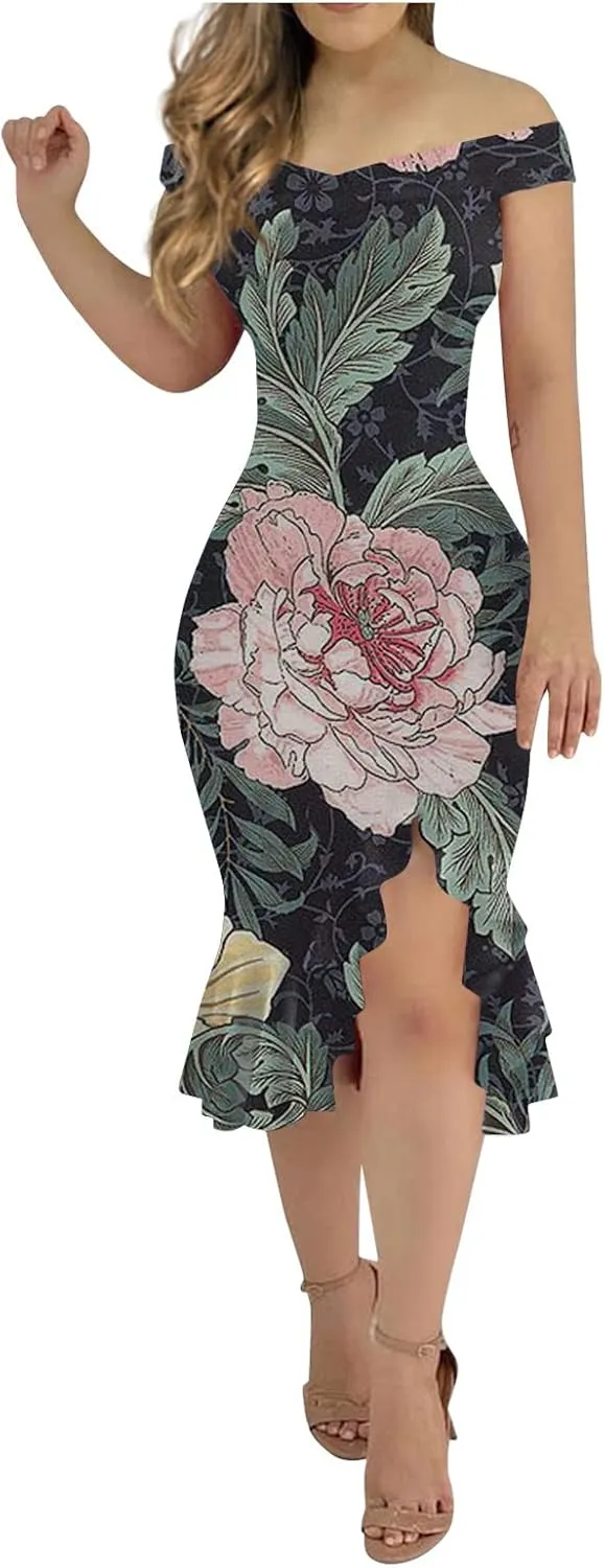 Dresses for Women 2024,Fashion Sexy Summer Off Shoulder Short Sleeve Sequin Ruffle Irregular Dresses for Women