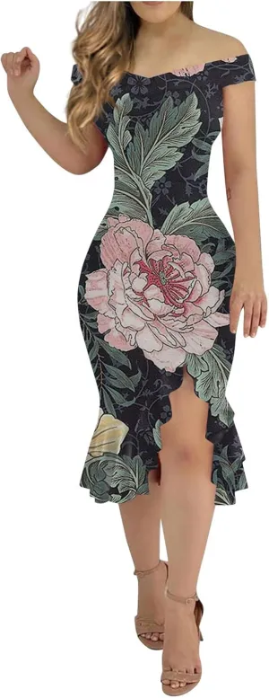 Dresses for Women 2024,Fashion Sexy Summer Off Shoulder Short Sleeve Sequin Ruffle Irregular Dresses for Women