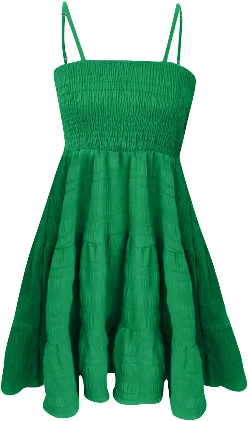 Dresses for Women 2025 Sexy Tube Top Smocked Spaghetti Strap Dresses Flowy Sleeveless Casual Beach Vacation Sundress