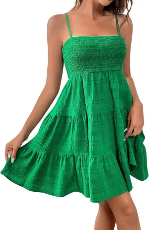 Dresses for Women 2025 Sexy Tube Top Smocked Spaghetti Strap Dresses Flowy Sleeveless Casual Beach Vacation Sundress