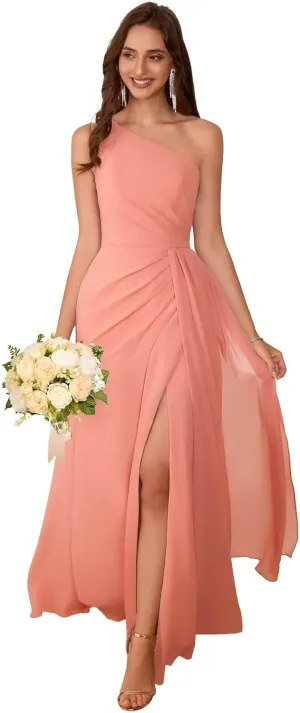 Dymaisei One Shoulder Bridesmaid Dresses for Women Chiffon Long Pleated Formal Evening Party Dress with Slit