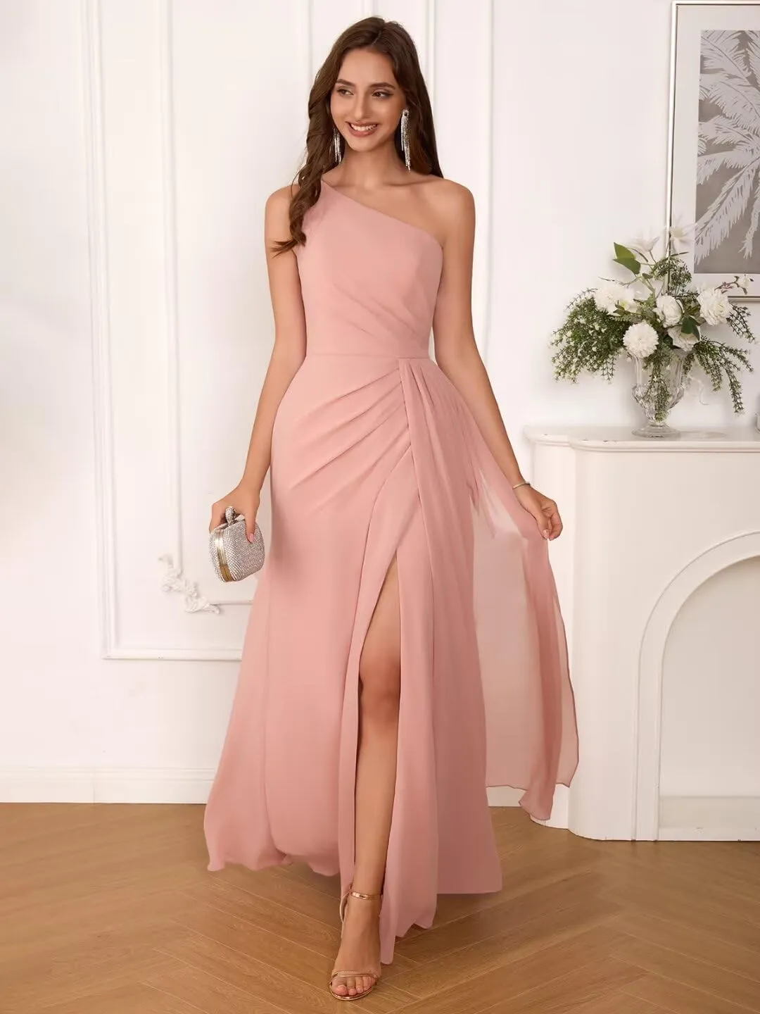 Dymaisei One Shoulder Bridesmaid Dresses for Women Chiffon Long Pleated Formal Evening Party Dress with Slit
