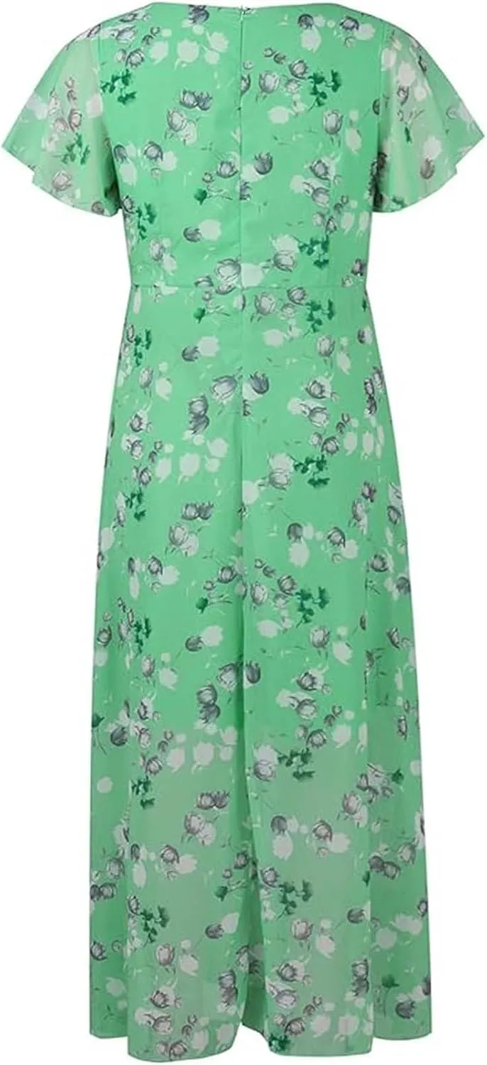 Easter Dresses for Women 2025 Swing Flowy Ruffle Hem Dress Short Sleeve Chiffon Midi Dress Summer Beach Dresses