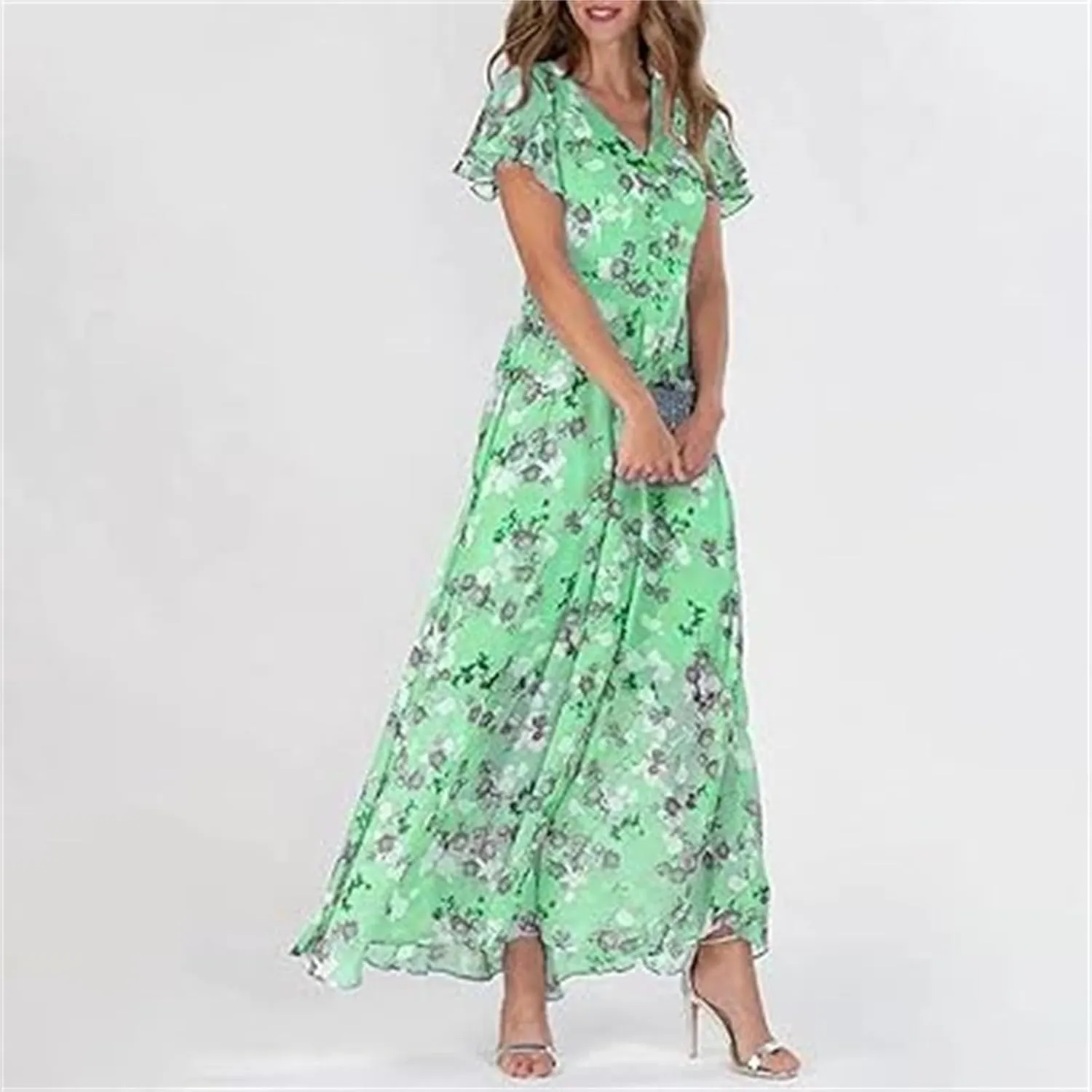 Easter Dresses for Women 2025 Swing Flowy Ruffle Hem Dress Short Sleeve Chiffon Midi Dress Summer Beach Dresses