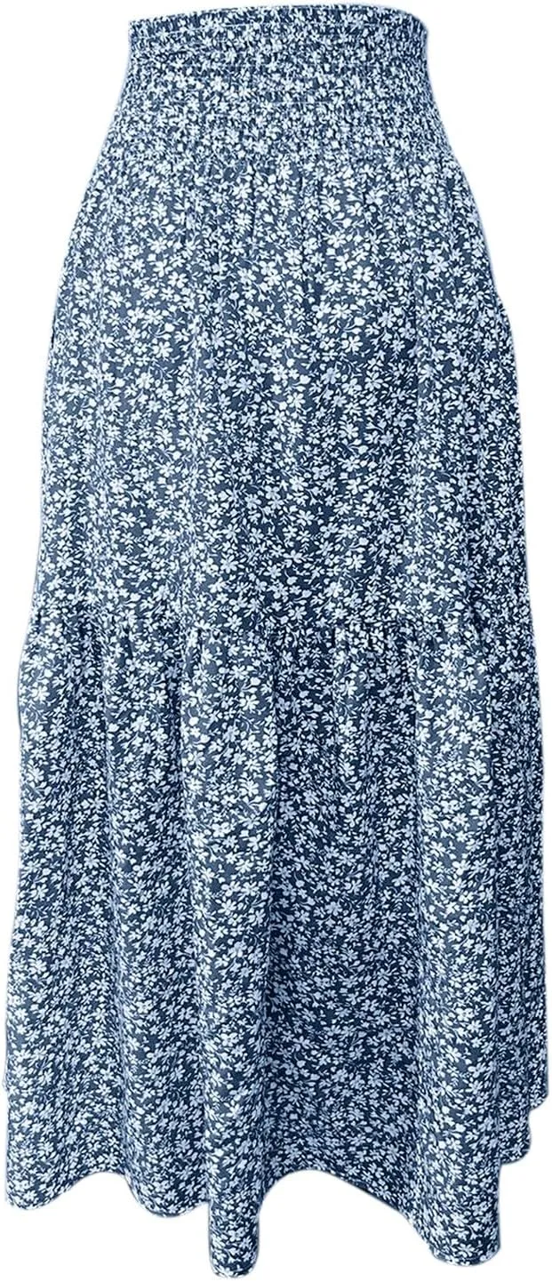 Elastic High Waist Flowy Maxi Skirts Women Boho Floral Tiered Pleated Summer Casual Long Beach Skirt