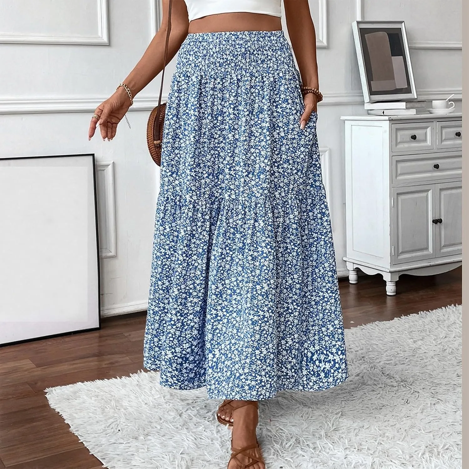 Elastic High Waist Flowy Maxi Skirts Women Boho Floral Tiered Pleated Summer Casual Long Beach Skirt