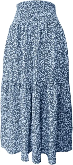 Elastic High Waist Flowy Maxi Skirts Women Boho Floral Tiered Pleated Summer Casual Long Beach Skirt