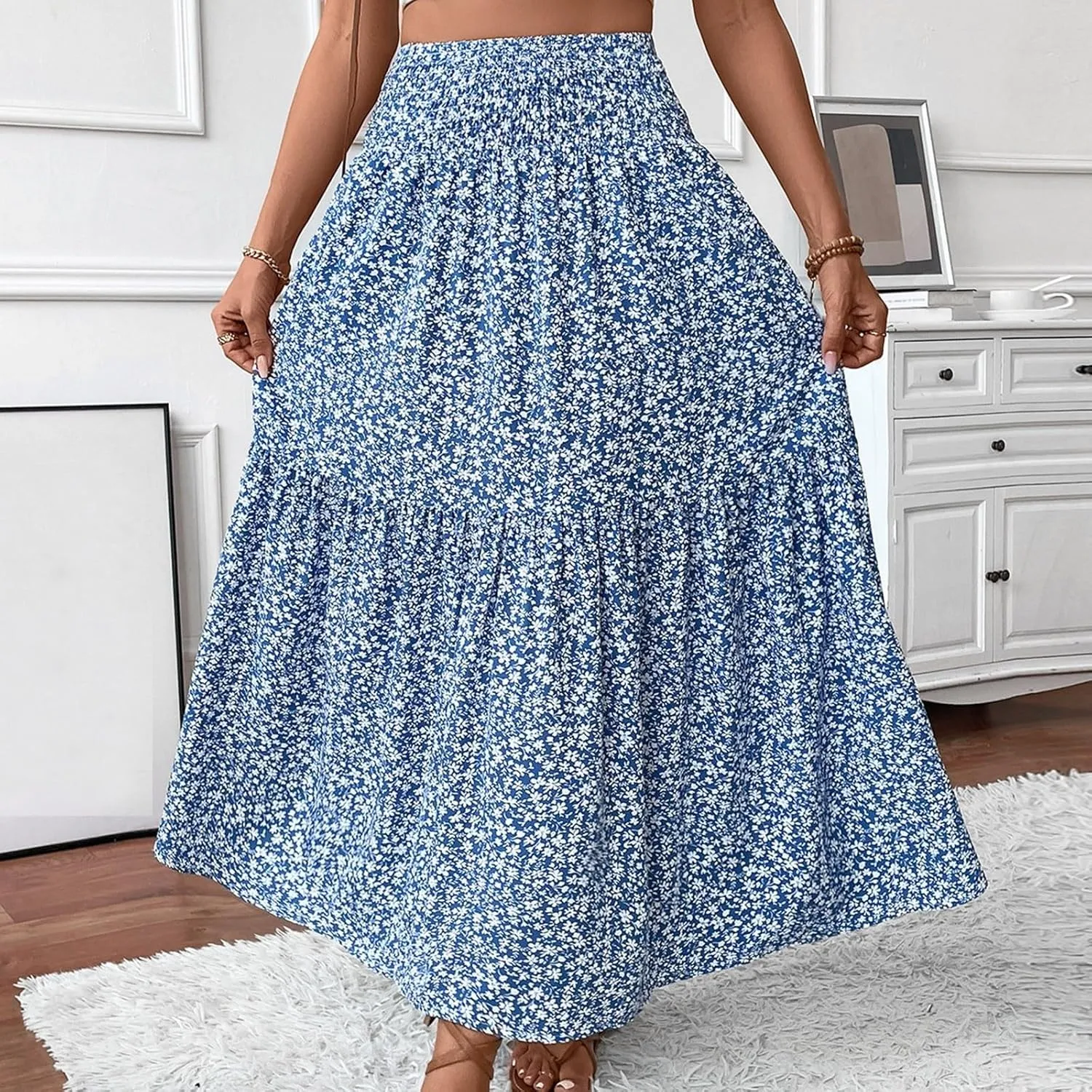 Elastic High Waist Flowy Maxi Skirts Women Boho Floral Tiered Pleated Summer Casual Long Beach Skirt