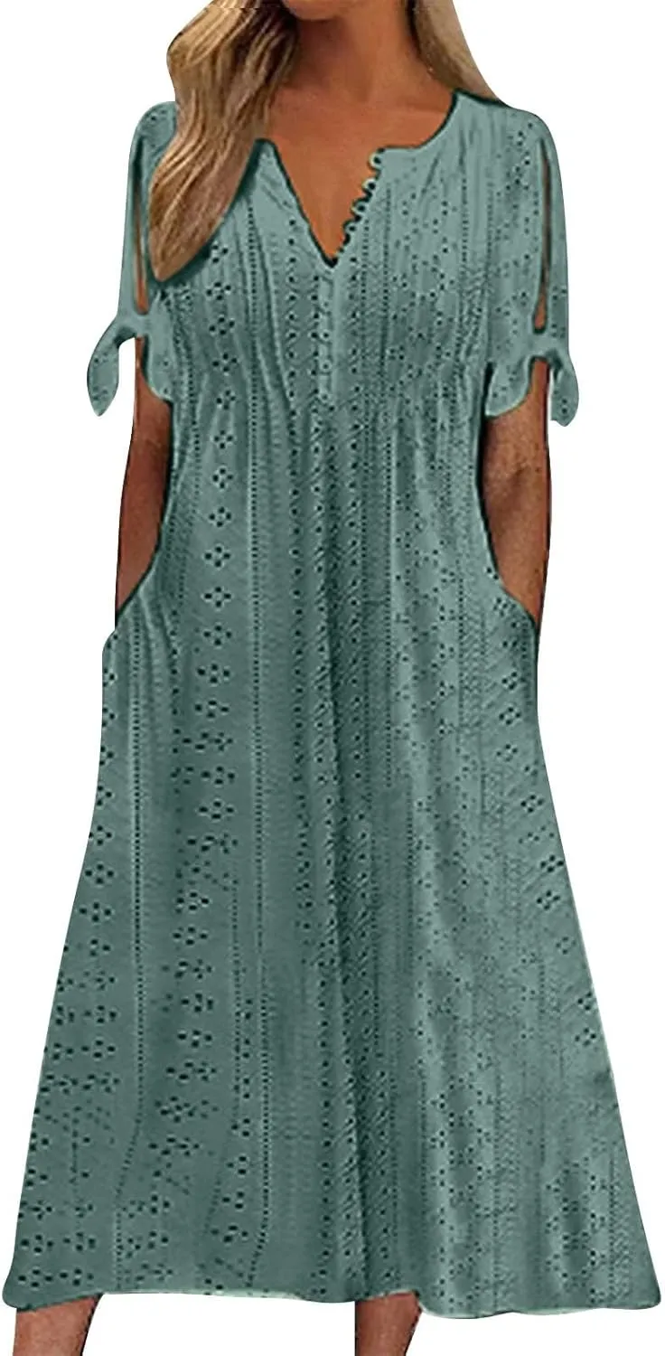 Eyelet Dresses for Women 2025 Short Sleeve V Neck Maxi Dress Casual Summer Beach Vacation Trendy Boho Long Sundress