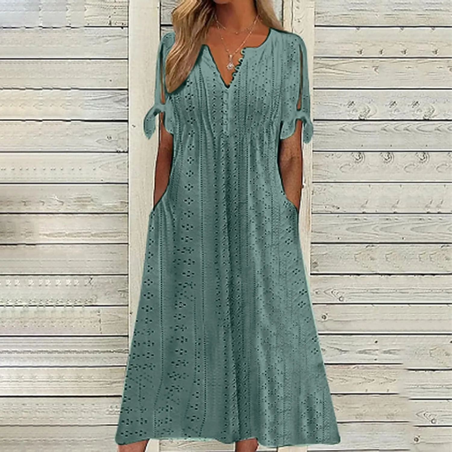 Eyelet Dresses for Women 2025 Short Sleeve V Neck Maxi Dress Casual Summer Beach Vacation Trendy Boho Long Sundress