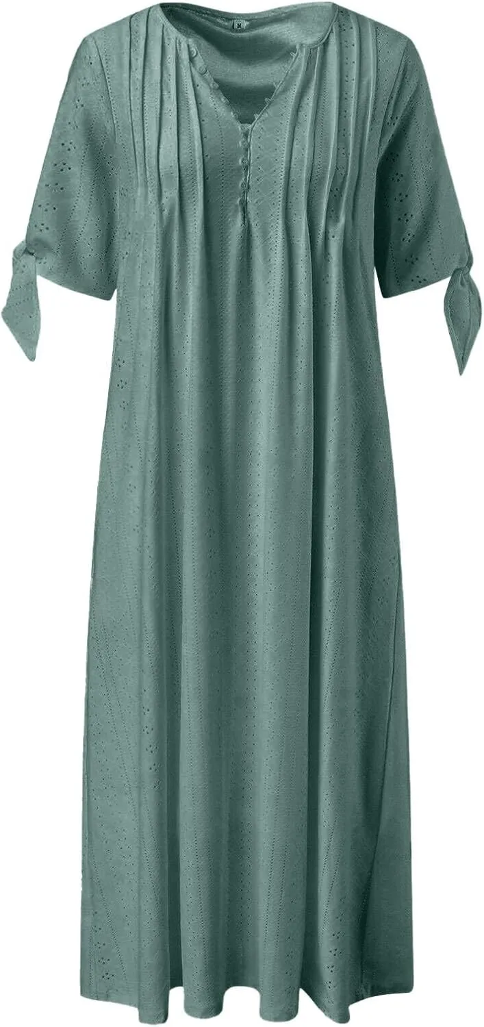 Eyelet Dresses for Women 2025 Short Sleeve V Neck Maxi Dress Casual Summer Beach Vacation Trendy Boho Long Sundress