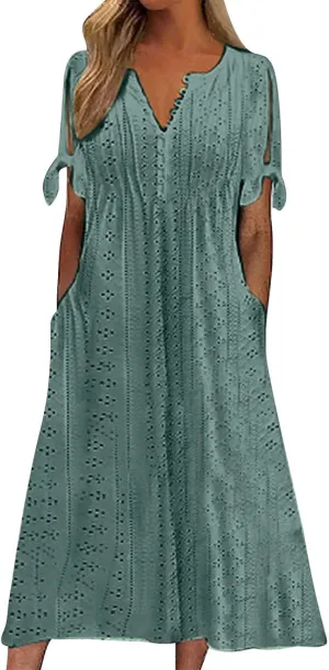 Eyelet Dresses for Women 2025 Short Sleeve V Neck Maxi Dress Casual Summer Beach Vacation Trendy Boho Long Sundress