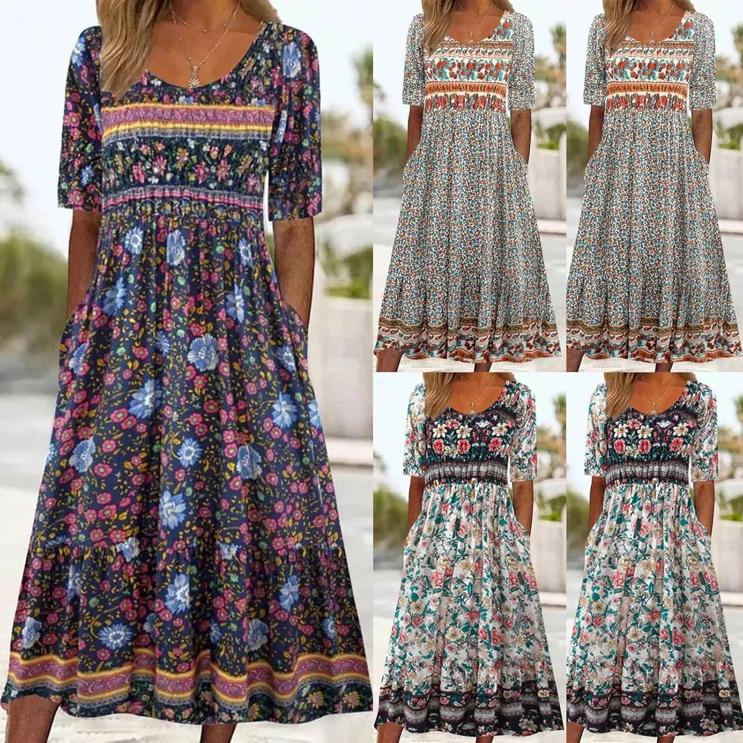 fartey Plus Size Dress Womens 2025 Summer Dress Casual Crewneck Tshirt Dresses Floral Print Short Sleeve Boho Dress