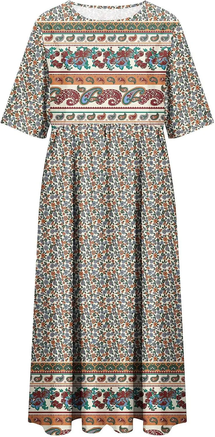 fartey Plus Size Dress Womens 2025 Summer Dress Casual Crewneck Tshirt Dresses Floral Print Short Sleeve Boho Dress