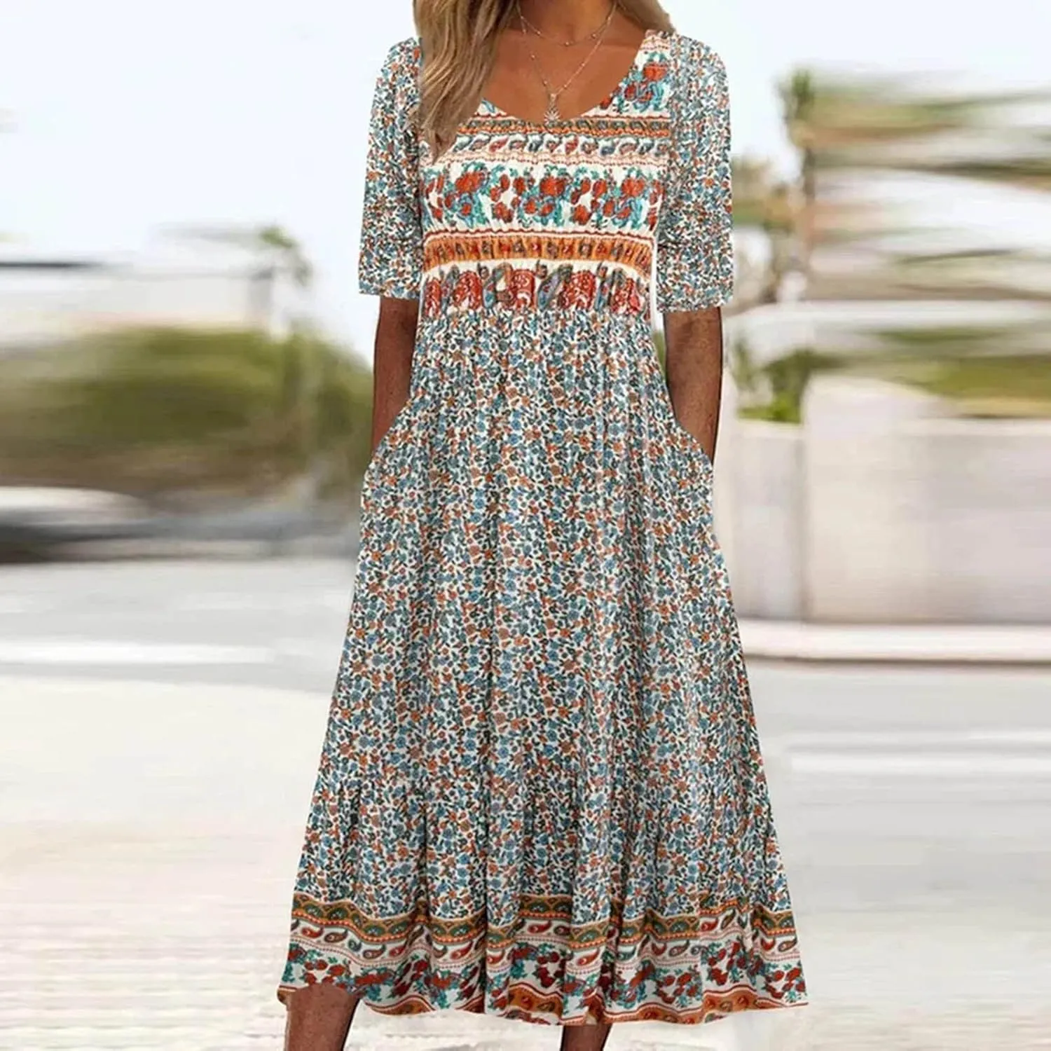 fartey Plus Size Dress Womens 2025 Summer Dress Casual Crewneck Tshirt Dresses Floral Print Short Sleeve Boho Dress