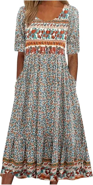 fartey Plus Size Dress Womens 2025 Summer Dress Casual Crewneck Tshirt Dresses Floral Print Short Sleeve Boho Dress