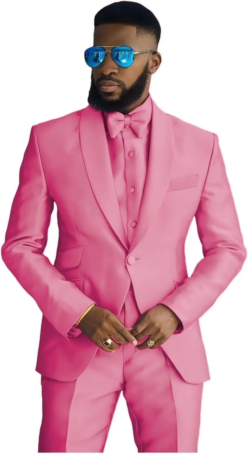 Fashion Satin Suits for Men Shawl Lapel Prom Tuxedos 2 Pcs Coat Trousers Regular Fit Blazer Pants for Evening Party
