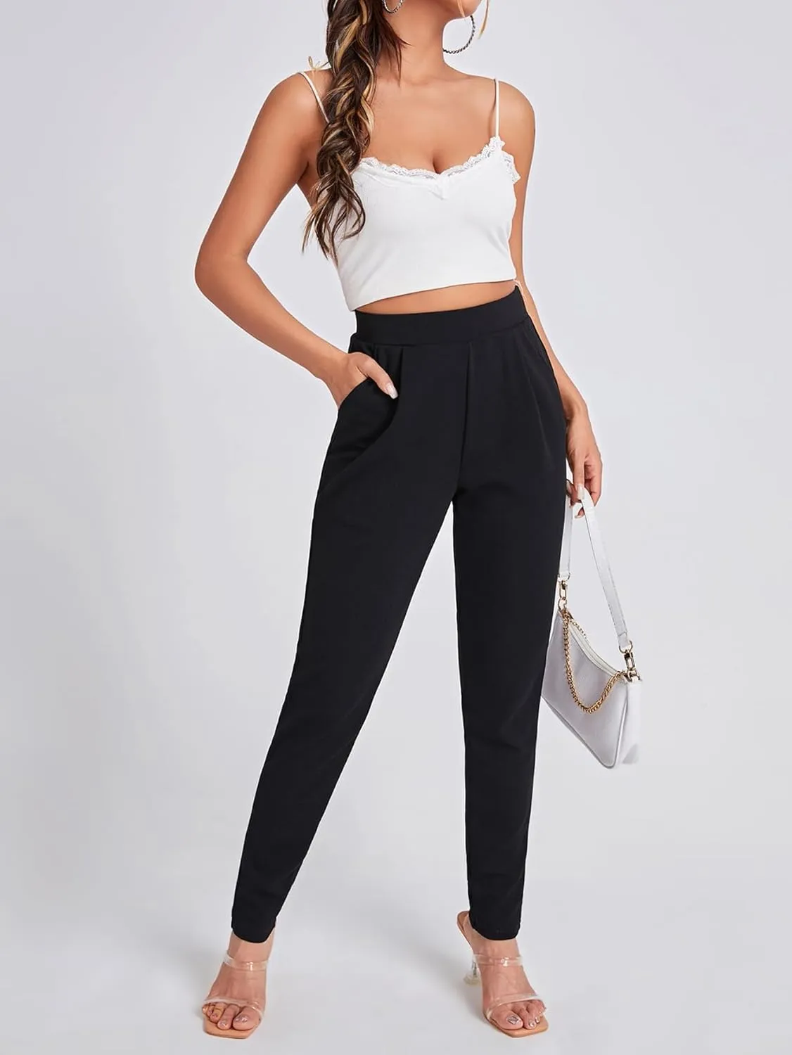 Floerns Women's Solid High Waist Tapered Ankle Stretch Work Pants