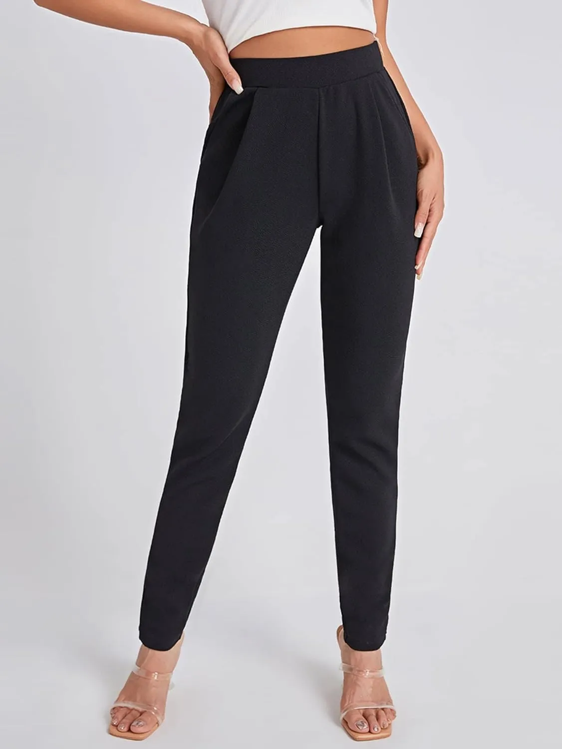 Floerns Women's Solid High Waist Tapered Ankle Stretch Work Pants
