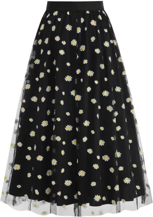 Floral Skirts for Women Boho A-Line Elastic High Waisted Ruffle Mesh Double Layed Skirts Causal Comfy Skirts