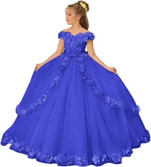 Girls Tulle Flower Girl Dress Off Shoulder Pageant Dresses Lace Applique Puffy Floral Formal Ball Gown Dresses for Kids